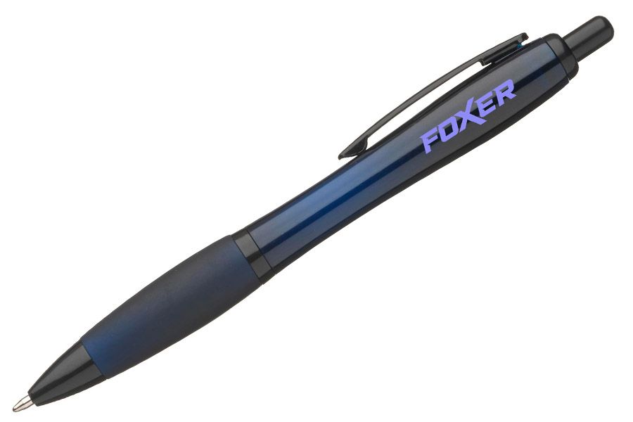 donkerblauwe semi-transparante pen met zwarte accenten